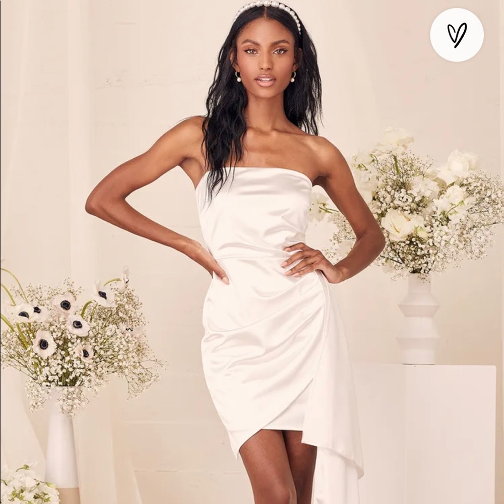 Lulu’s Bombshell White Satin Asymmetrical Strapless Mini
